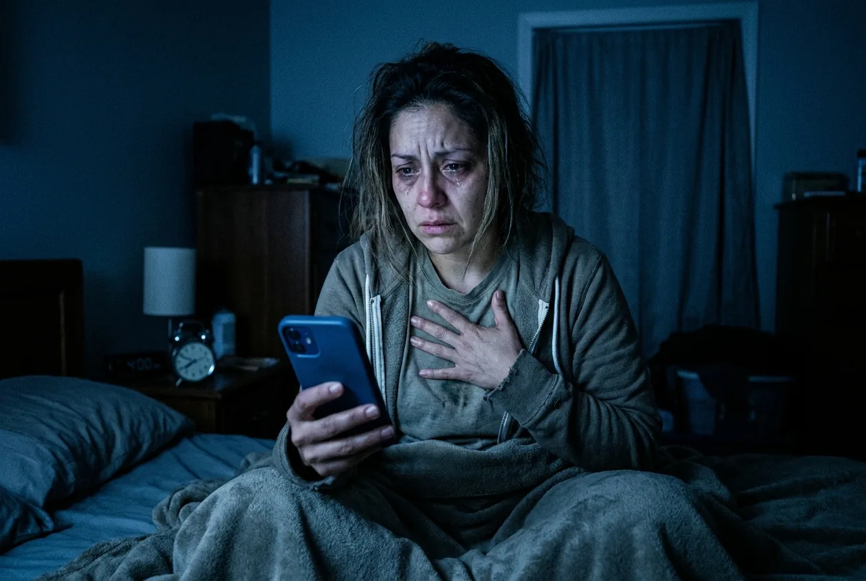 Mujer despierta a las 4 a.m. con ansiedad, el teléfono iluminándole la cara